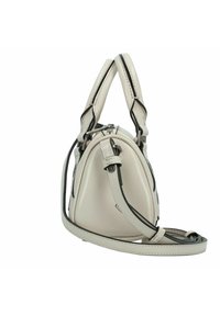 Piccola borsa rotonda in pelle beige con dettagli neri, dotata di doppi manici, una tracolla rimovibile e una finitura lucida.