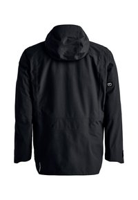 Black waterproof jacket with a hood, featuring a relaxed fit, subtle branding on the sleeve, and a smooth, textured fabric.