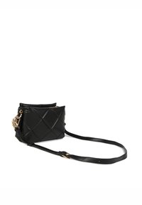 Black quilted handbag with a rectangular shape, featuring a gold-tone chain accent and an adjustable strap. Made of smooth leather.