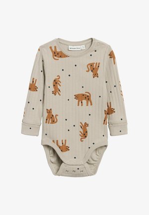 Body niemowlęce z długim rękawem z beżowej prążkowanej tkaniny z brązowymi ilustracjami kota i granatowymi groszkami, zapinane na zatrzaski u dołu.