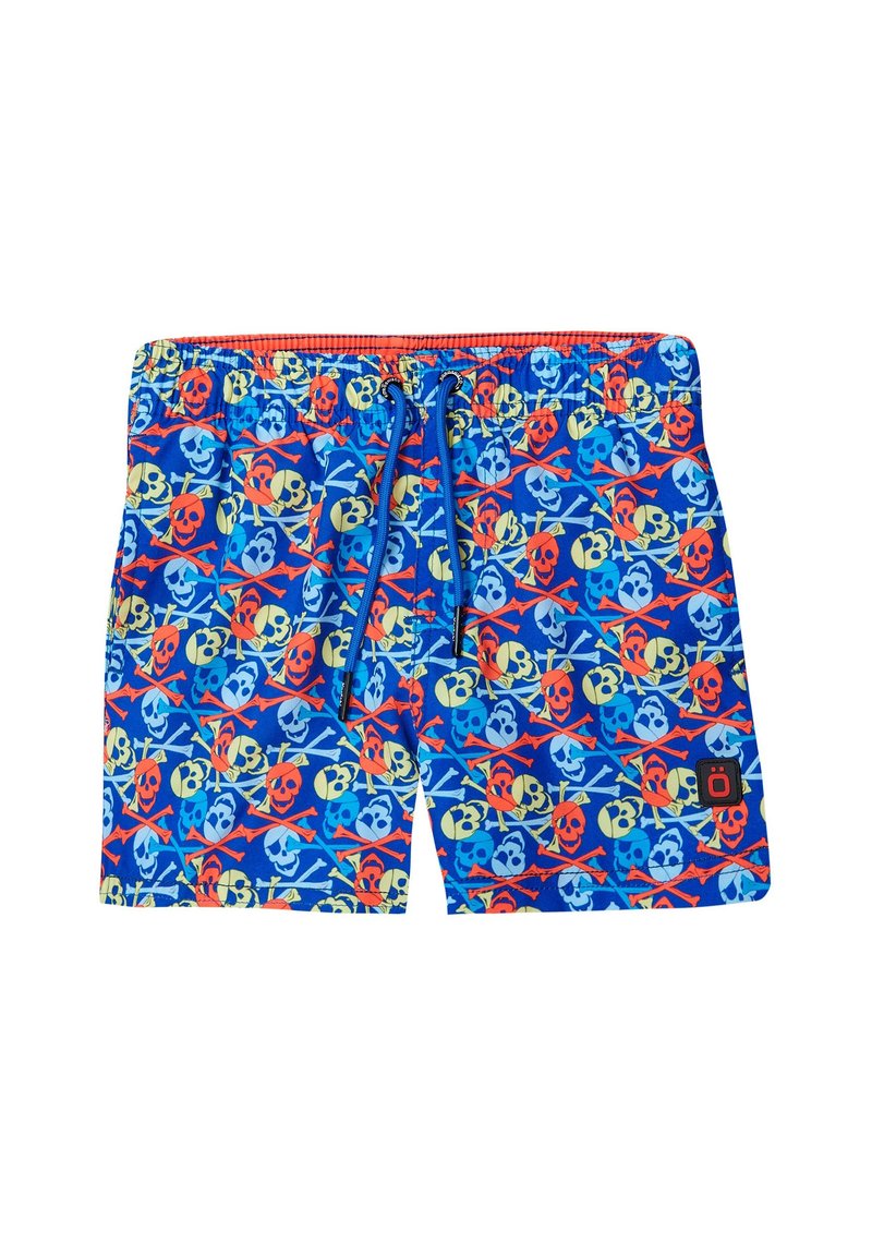 Pantaloni da bagno blu con un motivo di teschi e tibie colorate. Vita elasticizzata con cordino rosso e patch del logo laterale.