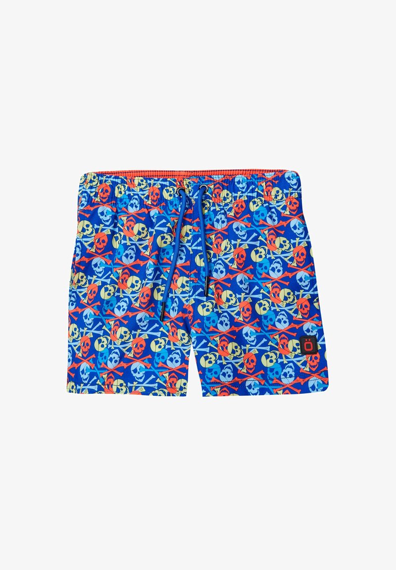 Pantaloni scurți de înot albaștri cu un model de cranii și oase colorate. Talie elastică cu șnur roșu și patch cu logo pe laterale.