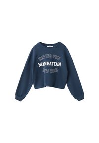 Mornarsko modra skrajšana trenirka iz teksturiranega materiala, z belim napisom "HAVING FUN MANHATTAN NEW YORK" spredaj.