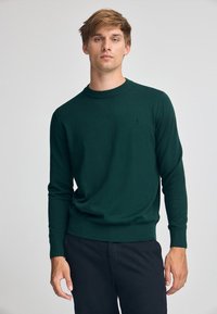 Dunkelgrüner Strickpullover mit geripptem Rundhalsausschnitt und Bündchen, versehen mit einem kleinen Logo auf der linken Brust; kombiniert mit schwarzen Hosen.