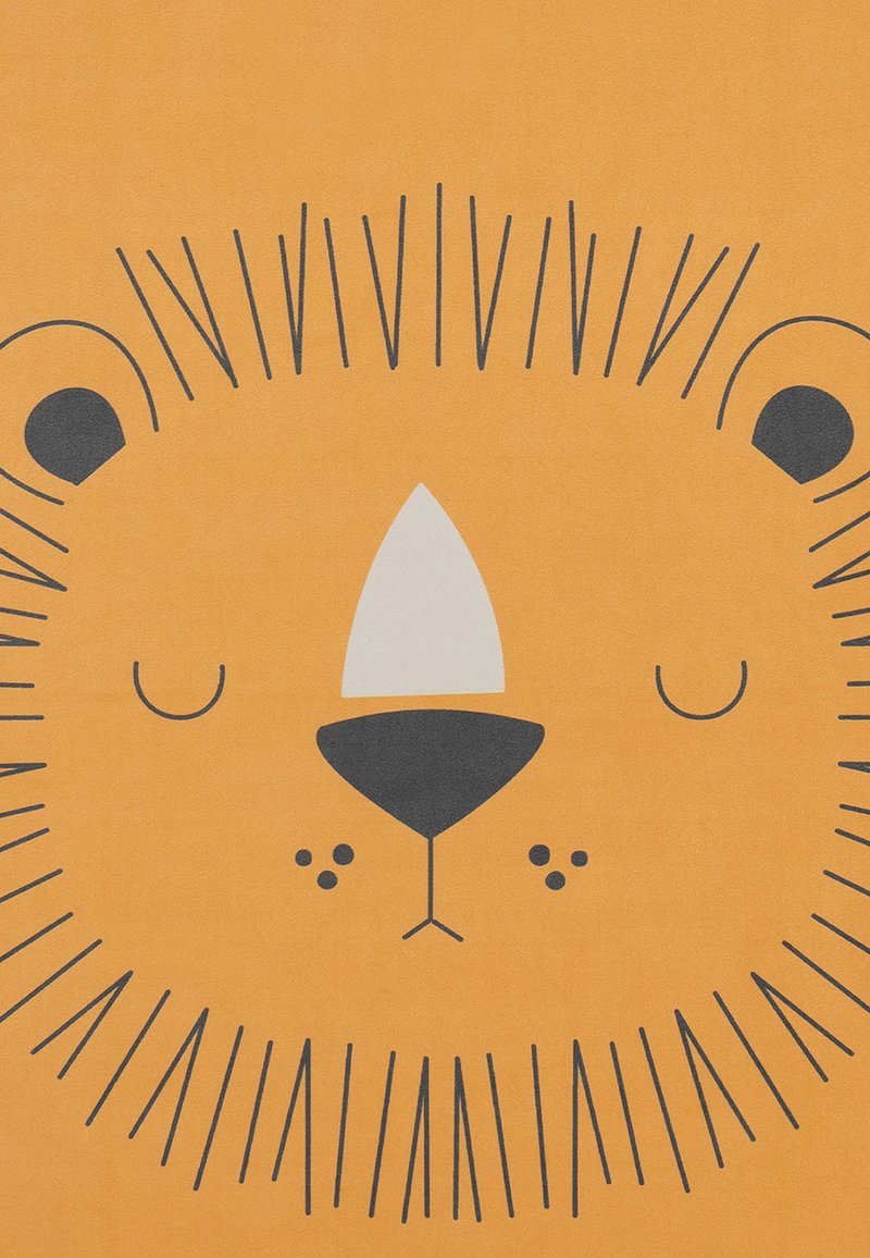 Oranger Stoff mit einem Cartoon-Löwengesicht, das geschlossene Augen, eine dreieckige Nase, einen geschwungenen Mund und auffällige Schnurrhaare hat, die in einem radialen Muster angeordnet sind.