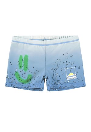 Pantaloni de baie albaștri cu un design gradient, imprimeu cu fețe zâmbitoare verzi, modele de bule și un logo în partea dreaptă jos. Confecționați dintr-un material elastic.