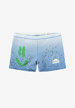 Blauwe zwembroek met een gradient ontwerp, groene smiley print, bubbels en een logo rechtsonder. Gemaakt van rekbaar materiaal.