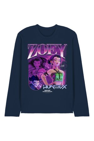 Navy long-sleeve shirt featuring a stylized purple and green graphic of a female character with short black hair, labeled "ZOEY HUNTRX" and "KPOP DEMON HUNTERS."