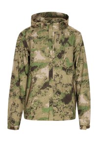 Camouflage jack in tinten van groen, bruin en beige. Heeft een ritsluiting, zijzakken en een capuchon met verstelbare trekkoorden.