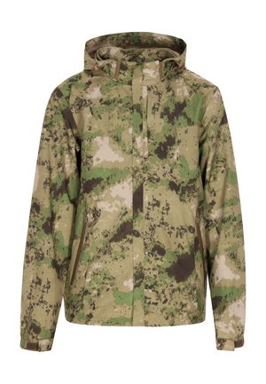 Camouflage jack in tinten van groen, bruin en beige. Heeft een ritsluiting, zijzakken en een capuchon met verstelbare trekkoorden.