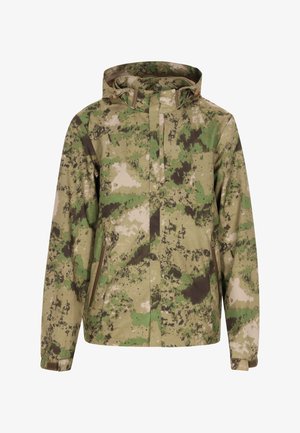 Chaqueta de camuflaje en tonos de verde, marrón y beige. Cuenta con un cierre de cremallera, bolsillos laterales y una capucha con cordones ajustables.