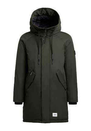 Abrigo de invierno con capucha de color verde oscuro, con cremallera frontal, botones a presión, dos bolsillos en ángulo y cuerdas negras ajustables con texto de logo.