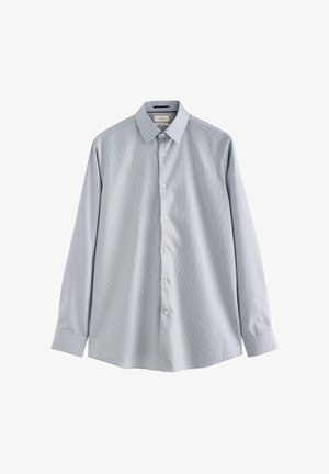 Lichtblauw overhemd met lange mouwen van gestreepte katoen. Voorzien van een knoopsluiting aan de voorkant, een kraag en manchetten met vijf zichtbare knopen.