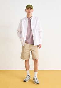 Outfit casual que incluye una camisa de botones a rayas rosa claro y blanca, camiseta gris, pantalones cortos beige y zapatillas grises con acentos blancos.