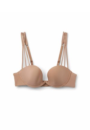 Sujetador beige acolchado con aro, material liso y diseño con múltiples tiras; características incluyen una costura central y tirantes ajustables.