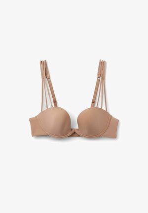 Beige gevoerde beha met beugel, glad materiaal en ontwerp met meerdere bandjes; voorzien van een middennaad en verstelbare bandjes.