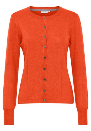 Red knit cardigan with long sleeves, crew neck, button closure, and two side pockets. Features silver-tone buttons along the front.
