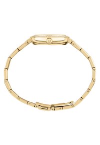 Montre-bracelet dorée avec un boîtier rectangulaire, orné de cristaux transparents sur la lunette, avec un bracelet flexible en maillons métalliques.