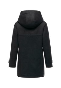 Svart ullblandad kappa med huva, med rak passform, knäppte manschetter och en subtil textur. Minimalistisk design, inga synliga mönster.