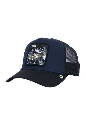 Marineblaue und schwarze Trucker-Kappe mit Netzrückseite, vorne ein Aufnäher mit einer zusammengerollten Schlange und dem Wort „TOXIC“ in weißer Schrift.