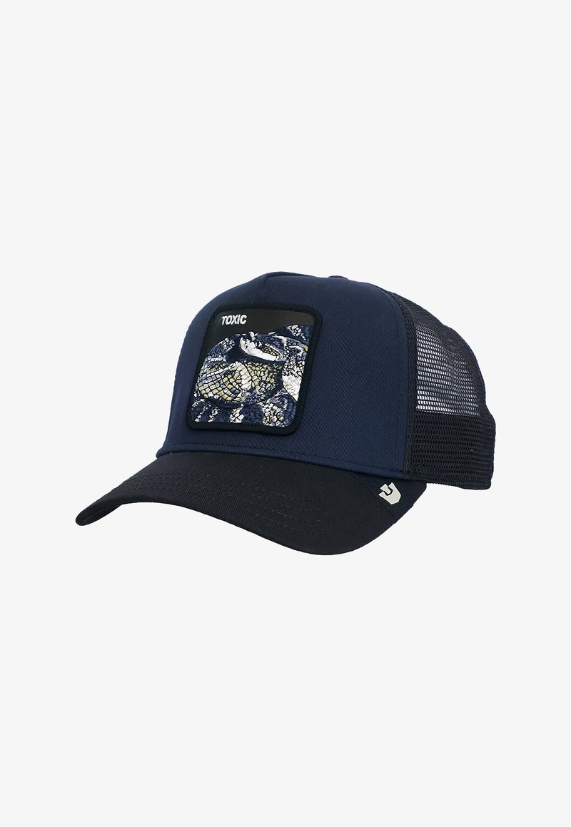 Navy and black trucker cap with mesh back, front patch depicting a coiled snake and the word "TOXIC" in white text.