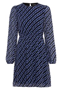 Dlouhý rukáv, námořnické šaty s geometrickým vzorem v světle modré a bílé. Obsahují elastický pas a zavírání na klíčovou dírku vzadu.