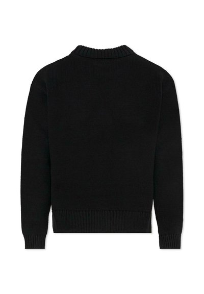 Maglione nero in maglia con collo e polsini a coste, caratterizzato da una finitura testurizzata e una vestibilità rilassata. Nessun logo o motivo visibile.