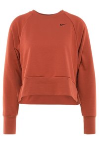 Sudadera de color óxido con cuello redondo, mangas largas tipo raglán y un pequeño logo negro de Nike en el pecho. Tejido suave y diseño recortado.