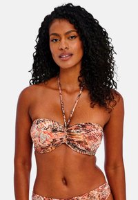 Bikini top met een strapless bandeau ontwerp in een levendig, meerkleurig patroon met een geknoopte detail in het midden. Textuurstof.