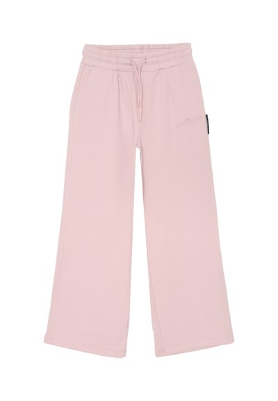 Pantaloni della tuta larghi rosa chiaro con vita elastica, coulisse, tasche laterali e un sottile marchio ricamato sulla coscia destra.