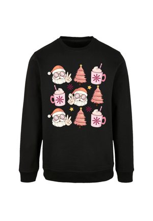 Schwarzer Hoodie mit einem grafischen Muster aus Cartoon-Weihnachtsmännern, Weihnachtsbäumen und Tassen mit heißen Getränken in lebhaften Farben.