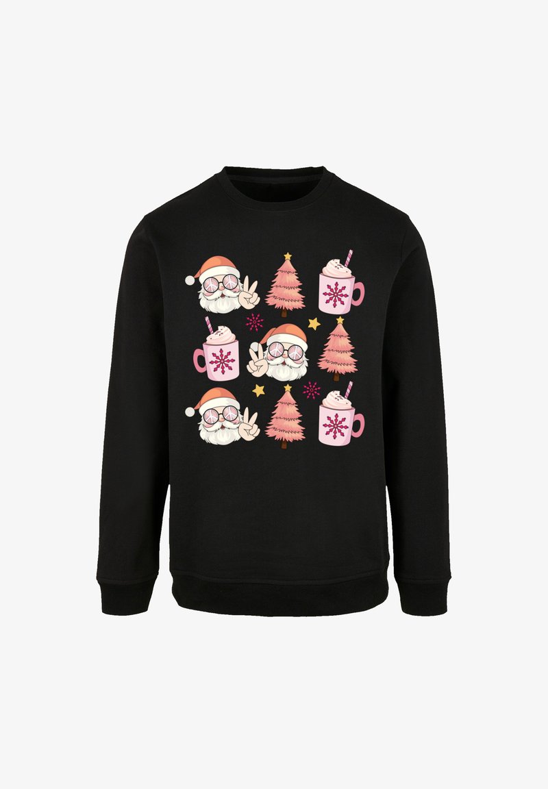 Schwarzer Hoodie mit einem grafischen Muster aus Cartoon-Weihnachtsmännern, Weihnachtsbäumen und Tassen mit heißen Getränken in lebhaften Farben.