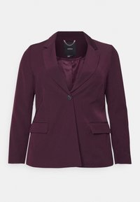 Bordeaux blazer met een getailleerde pasvorm, een enkele knoopsluiting, notch-revers en twee voorzakken. Gladde textuur, minimalistisch ontwerp.