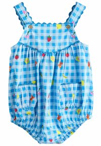 Blå gingham jumpsuit med färgglada frukt- och blommönster, scallopade band, träknappar och framfickor. Lättviktigt tyg.