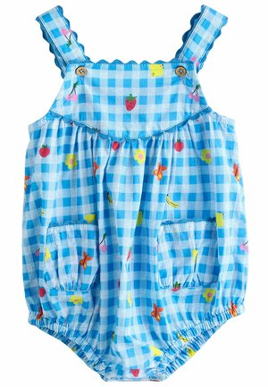 Blue gingham romper with colorful fruit and flower patterns, scalloped straps, wooden buttons, and front pockets. Lightweight fabric.
