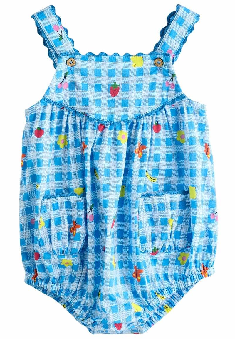 Blå gingham jumpsuit med färgglada frukt- och blommönster, scallopade band, träknappar och framfickor. Lättviktigt tyg.