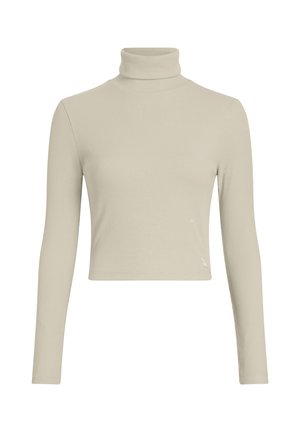 Helebeige soontekkidega pikade varrukatega tops, millel on kitsa lõike ja kõrge kaelus. Omab peent logotagi allservas. Sile tekstuur.