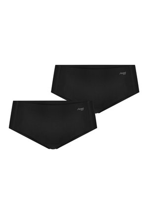 Dwie czarne damskie figi hipster z szerokimi bokami, bezszwowymi krawędziami i małym logo "sloggi" na pasie.