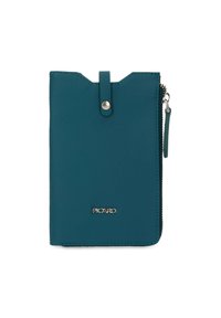 Teal leather wallet with a textured finish, zip closure, and snap button. Features branded logo and contrasting stitching detail.