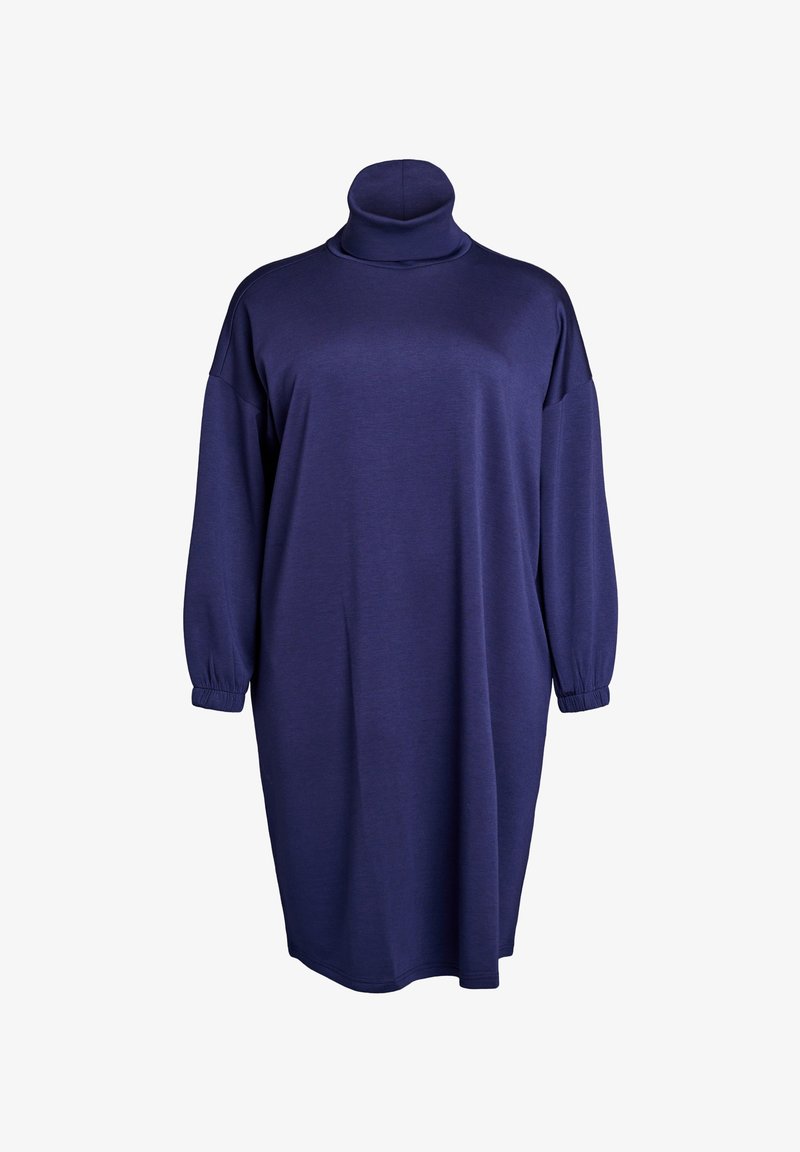 Mornarsko plava oversized haljina s visokim ovratnikom i dugim rukavima, s elastičnim manžetama i glatkim, rastezljivim materijalom. Ravni silueta.