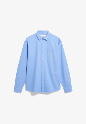 Hellblaues langärmeliges Hemd aus Baumwolle mit einem Button-Down-Kragen, einer Brusttasche und feiner Struktur. Standardpassform und gerader Saum.