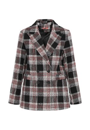 Blazer a doppio petto in tartan con una combinazione di colori nero, bianco e rosso, dotato di colletto a rever, due tasche frontali e tessuto testurizzato.