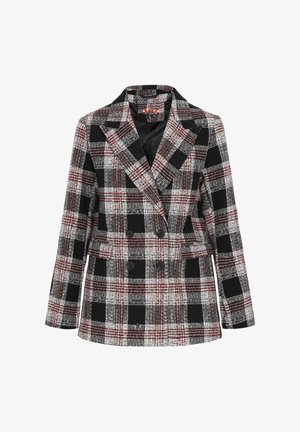 Doppelreiher-Blazer mit Karomuster in Schwarz, Weiß und Rot, ausgestattet mit einem Reverskragen, zwei Vorderaschen und strukturiertem Stoff.