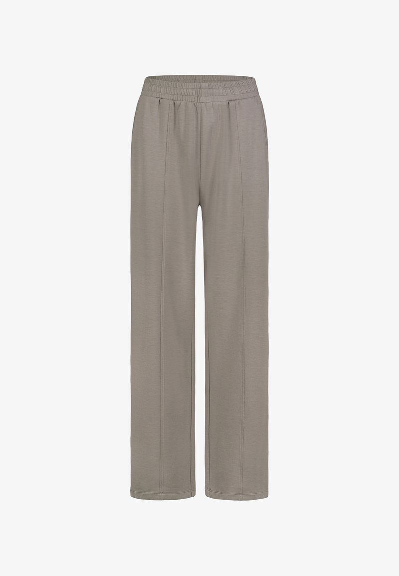 Light grey, wide-leg trousers made of soft fabric. Features an elastic waistband and side seam details for a relaxed fit.
