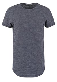 Short-sleeve t-shirt made of textured navy fabric, featuring a round neckline, slightly elongated back hem, and casual fit.