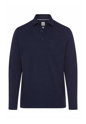 Navyblauwe longsleeve polo met kraag, drie-knopen sluiting en een borstzak aan de linkerkant, met een eenvoudige en naadloze uitstraling.
