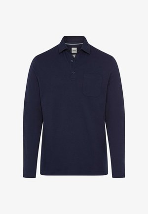 Polo à manches longues bleu marine avec col, patte de boutonnage à trois boutons et poche sur la poitrine gauche, design simple et sans couture.