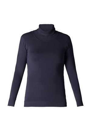 Donkerblauwe coltrui met lange mouwen, geribbelde hals en boorden, gemaakt van soepele, zachte stof, met een slim fit ontwerp.