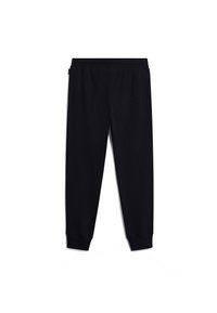 Pantaloni della tuta neri con taglio affusolato, vita elastica e polsini a coste, distesi su uno sfondo bianco.