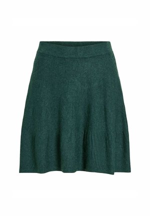 Jupe en tricot verte avec une taille côtelée, s'évasant à partir de la taille. Texture lisse et longueur moyenne sans motifs ou accents visibles.